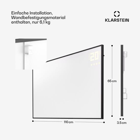 Klarstein Infrarotheizung mit Thermostat, 600W Elektroheizung, Smart Home Infrarotheizung zur Wandmontage, IR mit App-Steuerung & Erkennung Offener Fenster, Effizienter Feuchtraum Heizkörper CO2-Frei
