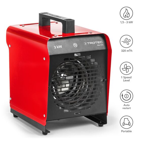 TROTEC Heizlüfter TDS 19 E – Heizleistung 1,5 kW / 3 kW – Bauheizer Luftmenge 320 m³/h – Heizgebläse für Werkstatt, Industrie, Halle, Garage