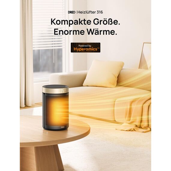 Dreo Energiesparender Heizlüfter, 34 dB Leiser 1500W Elektrischer PTC Keramik, Thermostat, Überhitzungs- & Kippschutz, 12 Std. Timer, Elektroheizung für Räume Schlafzimmer, Heater 316, Gold