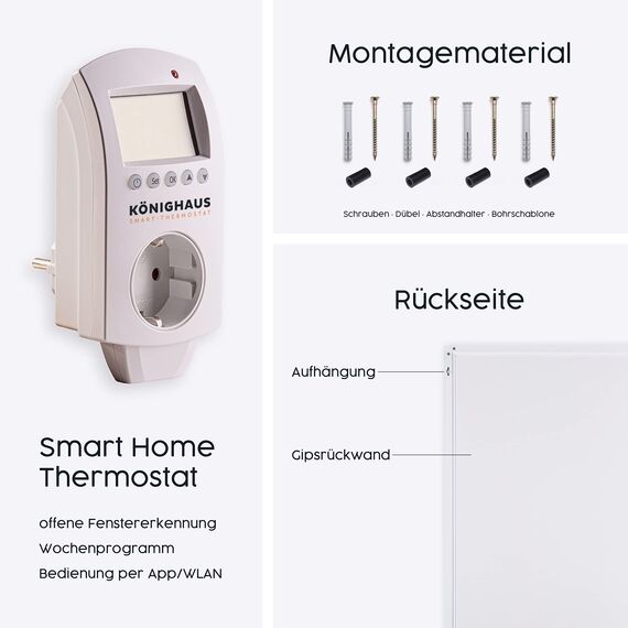 Könighaus Infrarot Wandheizung 800 Watt inkl. Thermostat - Infrarotheizung mit TÜV SÜD & 5 Jahren Garantie - Doppelter Überhitzungsschutz - Heizt Räume von bis zu 21 m² - Sofort einsatzbereit