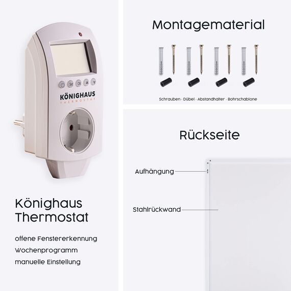 Könighaus Infrarot Wandheizung 600 Watt inkl. Thermostat - Infrarotheizung mit TÜV SÜD & 5 Jahren Garantie - Doppelter Überhitzungsschutz - Heizt Räume von bis zu 16 m² - Sofort einsatzbereit