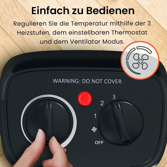 Pro Breeze 2000W Mini Keramik Heizlüfter mit Kaltstufe und drei Leistungsstufen - für Betrieb im Büro, Wohnzimmer, Schlafzimmer oder Terasse - Schwarz