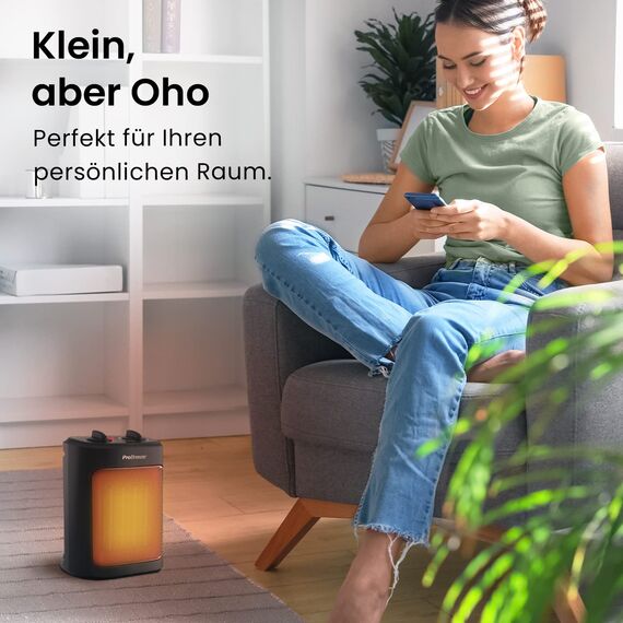 Pro Breeze 2000W Mini Keramik Heizlüfter mit Kaltstufe und drei Leistungsstufen - für Betrieb im Büro, Wohnzimmer, Schlafzimmer oder Terasse - Schwarz
