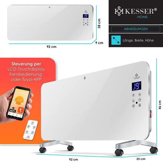 KESSER® Elektro Glasheizung Glaskonvektor Elektroheizung Heizung Heizkörper ✓ Touchscreen ✓ APP WiFi Funktion Inkl. Fernbedienung ✓ LCD-Display ✓ Timer | Stand- oder Wandgerät | 2000 Watt | Weiß