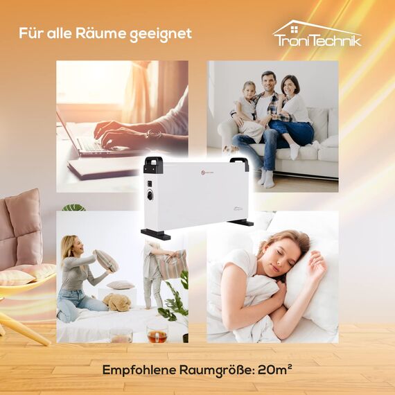 Tronitechnik® Elektroheizer Konvektor Heizgerät Heizkörper mit 3 Leistungsstufen 750/1250/2000 Watt, mobil mit Tragegriff und Thermostatsteuerung, Überhitzungsschutz, freistehend, weiß