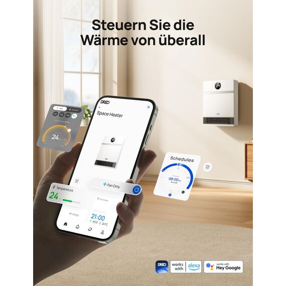 Dreo Smart Wandkonvektor, 30° Lüfterauslass, 2000W, einstellbarer Thermostat, Fernbedienung, Wochentimer, einfach zu montierende Heizung für den Innenbereich, kompatibel mit Alexa