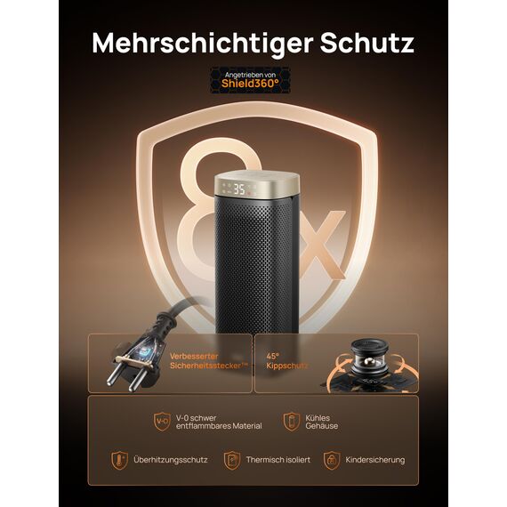 DREO Heizlüfter Energiesparend Leise, 2000W Keramik Heizung mit Thermostat, 12-Std-Timer, 3 Modi, 70° Oszillation, 16 Zoll Elektroheizung für Räume, Überhitzungs-Kippschutz, Solaris Slim H2, Gold