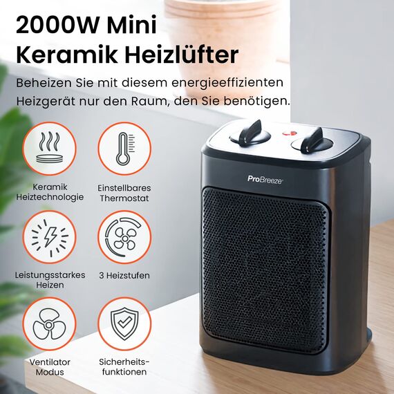 Pro Breeze 2000W Mini Keramik Heizlüfter mit Kaltstufe und drei Leistungsstufen - für Betrieb im Büro, Wohnzimmer, Schlafzimmer oder Terasse - Schwarz