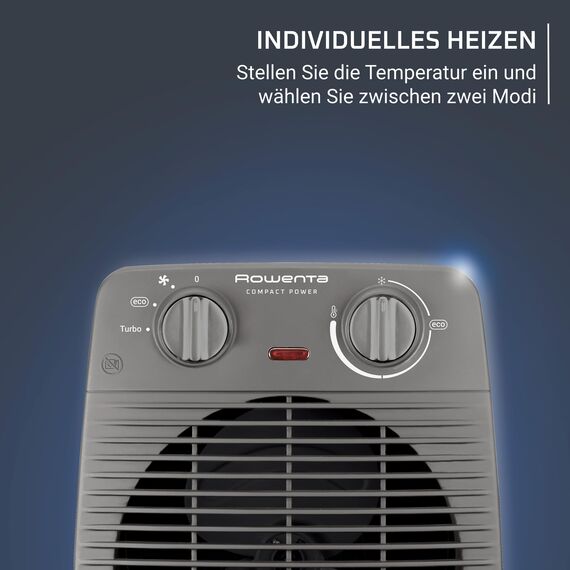 Rowenta Compact Power Heizlüfter, 2 Leistungsstufen, kompakte Abmessungen, Thermostat, Kühlstufe, Tragegriff, Grau, SO2212F0, Hellgrau