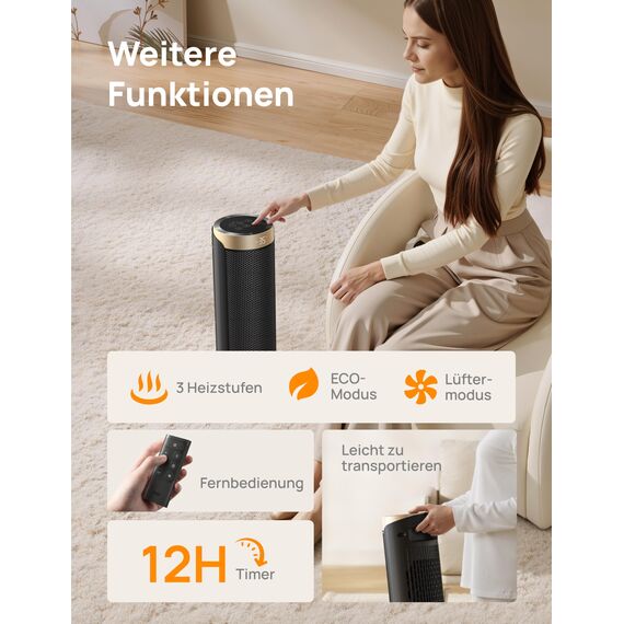 Dreo Heizlüfter Energiesparend, PTC Keramik Heizlüfte Leise, 70° Oszillierend Elektroheizung mit Fernbedienung, 12-Std-Timer, 3 Modus 3 Geschwindigkeit, Überhitzungs-Kippschutz, Solaris Slim H3