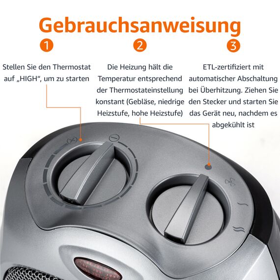 Amazon Basics Keramik-Standheizung, 1800 W, mit verstellbarem Thermostat - Silberfarben