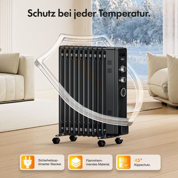 VonHaus Ölradiator mit 11 Rippen, Elektrischer Heizkörper für Homeoffice, Elektroheizung zum Schnellen Wärmen Jedes Raums, Mit Thermostat, 2,5 kW Ölheizer für Maximale Wärme (Schwarz)