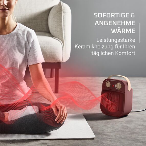 Rowenta Heizlüfter mit Tragegriff mobil für 25m², leise 42dB, Keramik heizt sofort auf, Eco-Modus spart 50% Strom, Turbo schnell warm, tragbar für Bad Büro Schlafzimmer Camping, Heizgerät kompakt, Rot