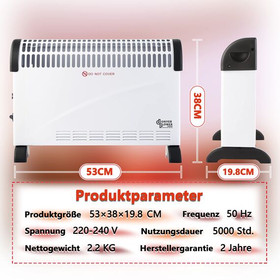 DONYER POWER Konvektor-Heizkörper 2000W Raumheizung mit Einstellbarem Thermostat Nicht Vorjähriges Inventar