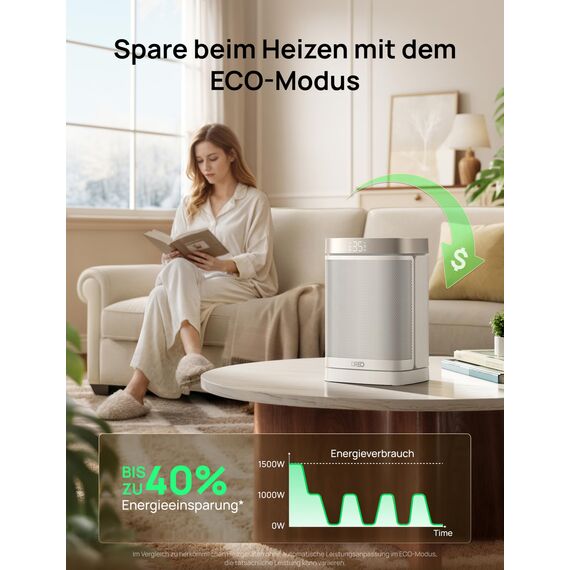 Dreo Heizlüfter Energiesparend Klein, 1500W Heizung Elektrisch mit Thermostat, 70° Oszillierend Elektroheizung, PTC Keramik Heizlüfter Leise, ECO-Modus, 12-Std-Timer, Überhitzungs- & Kippschutz, Weiß