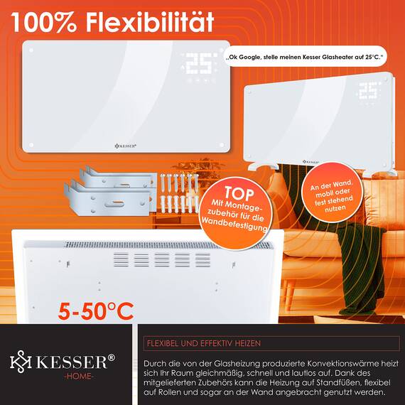 KESSER® Glaskonvektor Glasheizung Elektroheizkörper APP WiFi Funktion Inkl. Fernbedienung Elektroheizung Stand- oder Wand Heizung Heizkörper | Touchscreen | LCD-Display | Timer | 2500 Watt | Weiß