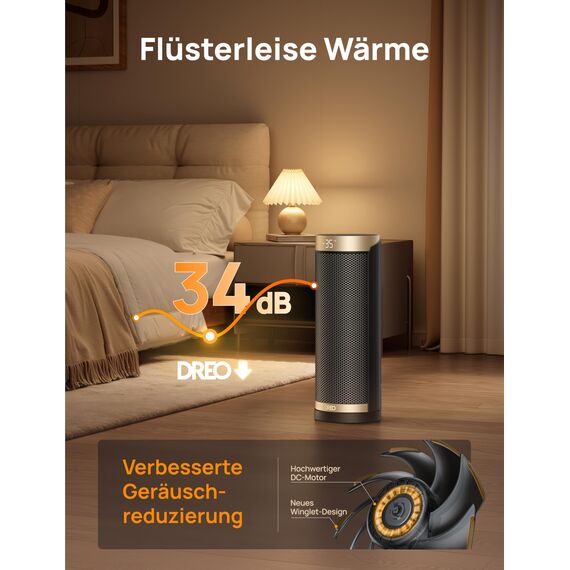 Dreo Heizlüfter Energiesparend, PTC Keramik Heizlüfte Leise, 70° Oszillierend Elektroheizung mit Fernbedienung, 12-Std-Timer, 3 Modus 3 Geschwindigkeit, Überhitzungs-Kippschutz, Solaris Slim H3