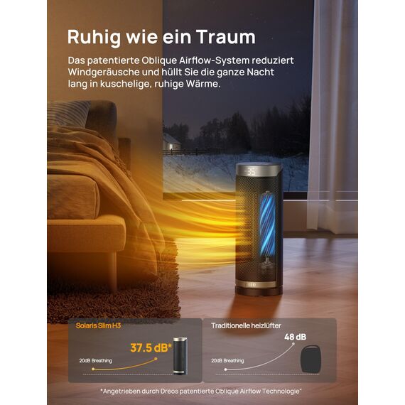 Dreo Heizlüfter Energiesparend, PTC Keramik Heizlüfte Leise, 70° Oszillierend Elektroheizung mit Fernbedienung, 12-Std-Timer, 3 Modi 3 Geschwindigkeiten, Überhitzungs-Kippschutz, Solaris Slim H3