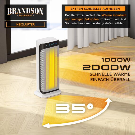 Brandson - Heizlüfter 2000 Watt mit Fernbedienung - Groß und Stark - Preisträger - energiesparend leise - Bad Wohnzimmer Kinderzimmer Babys - Oszillationsfunktion - Heizung Heater - GS zertifiziert