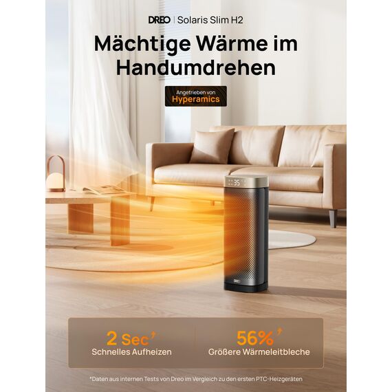 DREO Heizlüfter Energiesparend Leise, 2000W Keramik Heizung mit Thermostat, 12-Std-Timer, 3 Modi, 70° Oszillation, 16 Zoll Elektroheizung für Räume, Überhitzungs-Kippschutz, Solaris Slim H2, Gold