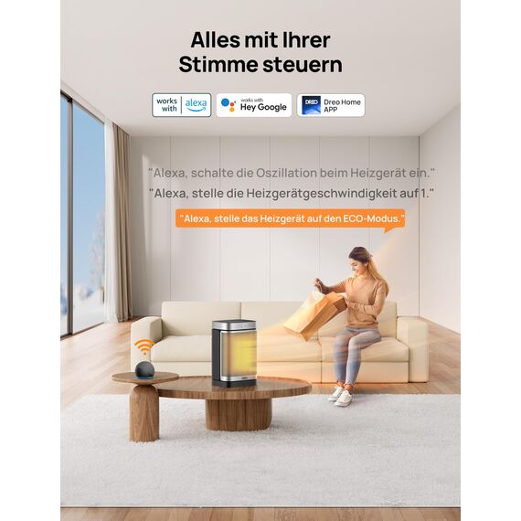 Dreo Smarter Heizlüfter Energiesparend Leise, 1500W PTC Kerarmik Heizung mit Thermostat, 3 Modi, 70° Oszillation, WLAN Alexa & Google Assistant Elektroheizung, Überhitzungs-Kippschutz, Heater314S