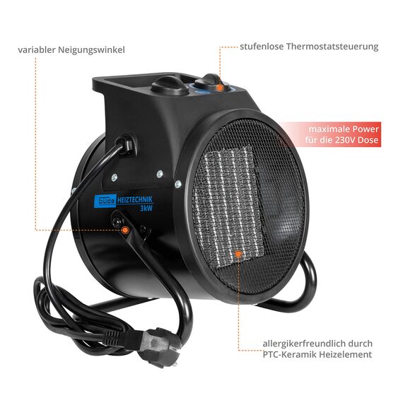 Güde Elektroheizer GEH 3000 P (3000 W Heizleistung, 2 Heizstufen (2000/3000 W) + Ventilatorfunktion, 238 m³/h max. Gebläseleistung, PTC-Keramik Heizelement, stufenloser Thermostat, Überhitzungsschutz)