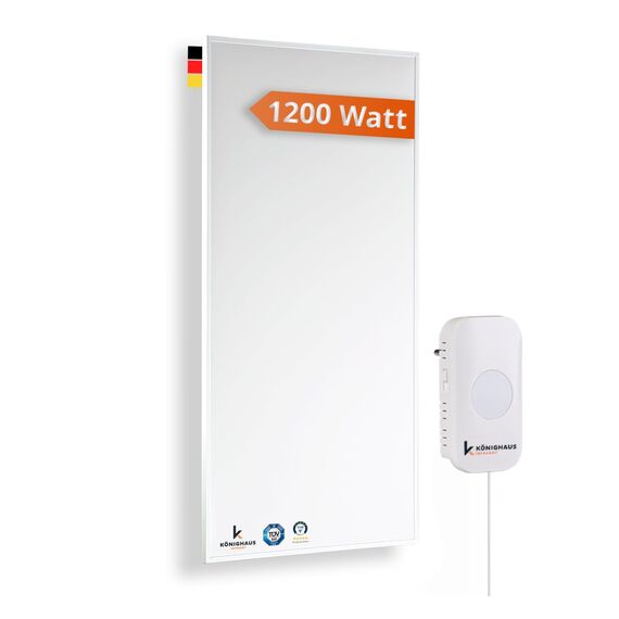 Könighaus Infrarotheizung - 1200 Watt mit TÜV SÜD + 5 Jahre Herstellergarantie ✓ Doppelter Überhitzungsschutz ✓ Heizkörper für 1-29 m² ✓ inkl. Integriertem Smart Thermostat und App