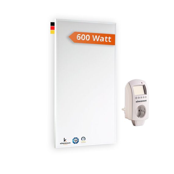 Könighaus Infrarotheizung - 600 Watt mit TÜV SÜD + 5 Jahre Herstellergarantie ✓ Doppelter Überhitzungsschutz ✓ Heizkörper in 2-4 min auf Betriebstemperatur ✓ inkl. Thermostat