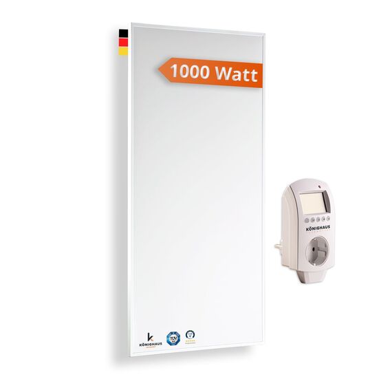 Könighaus Infrarotheizung - 1000 Watt mit TÜV SÜD + 5 Jahre Herstellergarantie ✓ Doppelter Überhitzungsschutz ✓ Heizkörper in 2-4 min auf Betriebstemperatur ✓ inkl. Thermostat