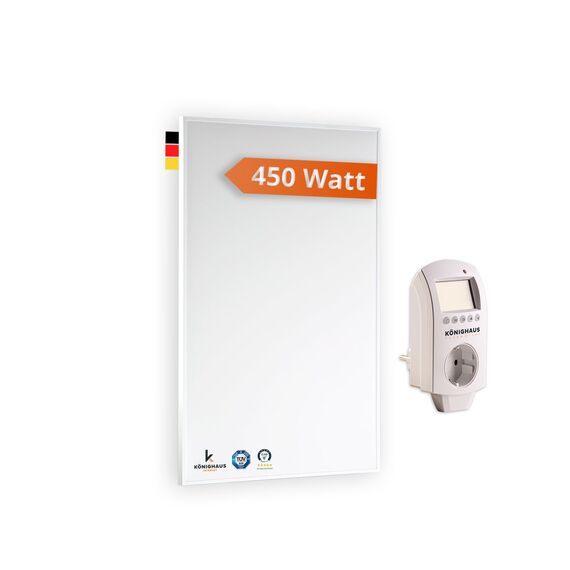 Könighaus Infrarotheizung - 450 Watt mit TÜV SÜD + 5 Jahre Herstellergarantie ✓ Doppelter Überhitzungsschutz ✓ Heizkörper in 2-4 min auf Betriebstemperatur ✓ inkl. Thermostat
