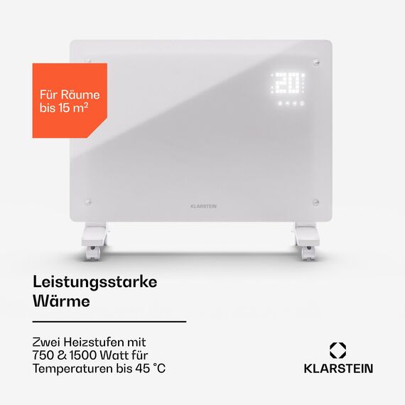 Klarstein Elektroheizung, 1500 W Konvektor Heizung Freistehend & Wandmontage, Elektroheizung Energiesparend mit App-Control & Bodenrollen, Heizung Elektrisch, Heizkörper Elektrisch mit Thermostat