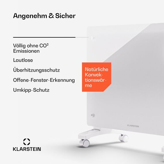 Klarstein Elektroheizung, 1500 W Konvektor Heizung Freistehend & Wandmontage, Elektroheizung Energiesparend mit App-Control & Bodenrollen, Heizung Elektrisch, Heizkörper Elektrisch mit Thermostat