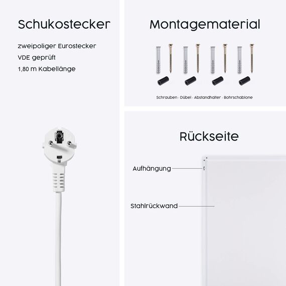 Könighaus Infrarotheizung - 300 Watt im Querformat (Kabelausgang unten) - Inkl. TÜV SÜD & 5 Jahren Garantie - Doppelter Überhitzungsschutz - Wärmt in 2 Minuten = Energiesparend - Infrarot Wandheizung