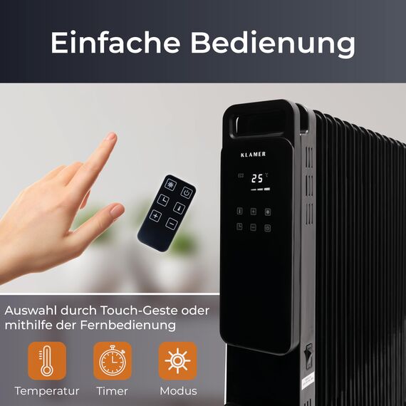 KLAMER Ölradiator 2500 W, Elektroheizung energiesparend, 13 Rippen, 3 Heizstufen mit Eco-Modus, 24h Timer, Thermostat, Überhitzungs- & Kippschutz, mit Fernbedienung, für Innenräume, schwarz