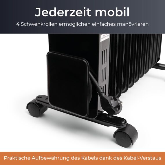 KLAMER Ölradiator 2500 W, Elektroheizung energiesparend, 13 Rippen, 3 Heizstufen mit Eco-Modus, 24h Timer, Thermostat, Überhitzungs- & Kippschutz, mit Fernbedienung, für Innenräume, schwarz