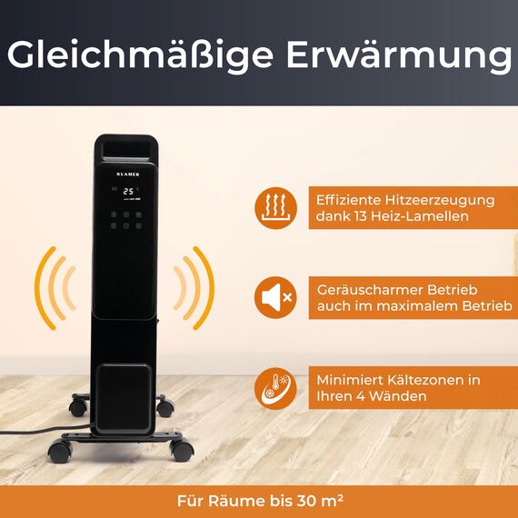 KLAMER Ölradiator 2500 W, Elektroheizung energiesparend, 13 Rippen, 3 Heizstufen mit Eco-Modus, 24h Timer, Thermostat, Überhitzungs- & Kippschutz, mit Fernbedienung, für Innenräume, schwarz