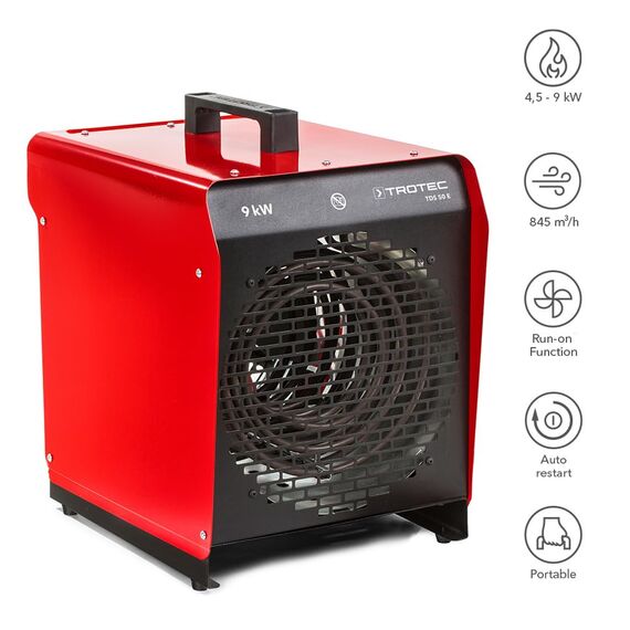 TROTEC Elektroheizgebläse TDS 50 E – 9 kW (Stufe 3), 4,5 kW (Stufe 2), 845 m³/h Luftleistung, Thermostat, Ventilatorfunktion, robustes Metallgehäuse