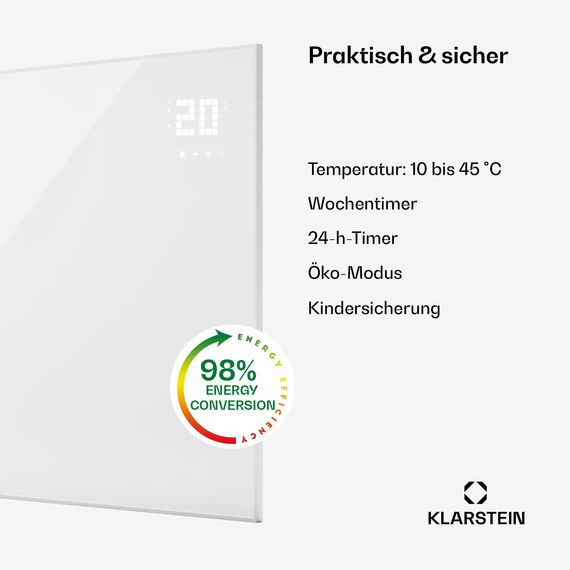 Klarstein Infrarotheizung mit Thermostat, 1200W Elektroheizung, Smart Home Bild-Infrarotheizung zur Wandmontage, IR mit App-Steuerung & Erkennung offener Fenster, Feuchtraum Heizkörper CO2-Frei