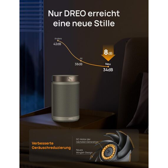 Dreo Energiesparender Heizlüfter, 34 dB Leiser 1500W Elektrischer PTC Keramik, Thermostat, 3 Modus 3 Geschwindigkeit, Überhitzungs- & Kippschutz, 12 Std. Timer, Elektroheizung für Räume Schlafzimmer