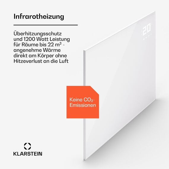 Klarstein Infrarotheizung mit Thermostat, 1200W Elektroheizung, Smart Home Bild-Infrarotheizung zur Wandmontage, IR mit App-Steuerung & Erkennung offener Fenster, Feuchtraum Heizkörper CO2-Frei