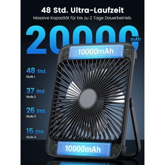 Warmco 20000mAh Akku Camping Ventilator 27cm mit Lampe, 15-48 Std. Laufzeit, Ultra-Leise, Ultraflach, Display, Haken, USB Tischventilator für Zelt, Outdoor, Reisen, Büro, Wohnmobil, Schlafzimmer