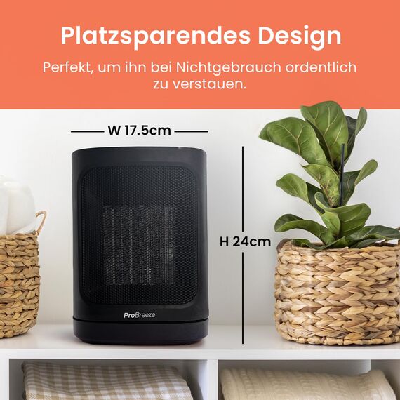 Pro Breeze 1800W Mini Keramik Heizlüfter mit zwei Leistungsstufen, automatischer Oszillation & Kaltstufe für Bad, Wohnzimmer, Büro, Terrasse - Schwarz