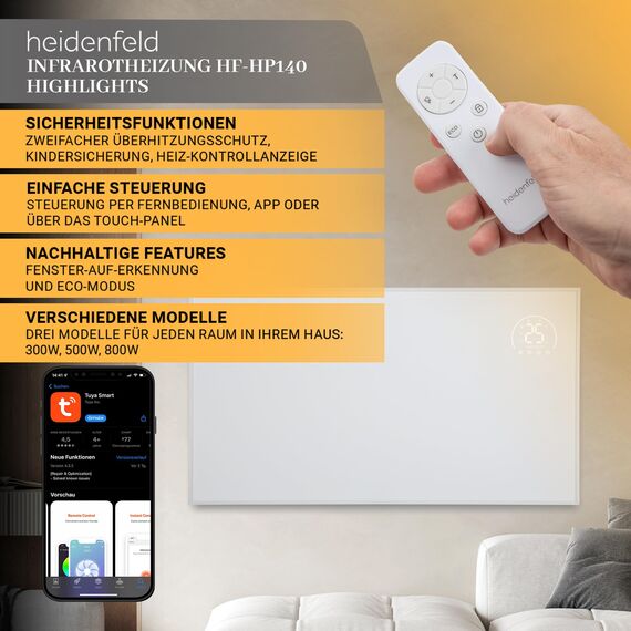Heidenfeld Infrarotheizung HF-HP140 | 300 Watt bis 10 m² | 3in1 Steuerung via App | Fernbedienung | Touch-Bedienfeld | Mobile Elektroheizung | Infrarot Heizkörper mit Thermostat (HF-HP140 300 Watt)