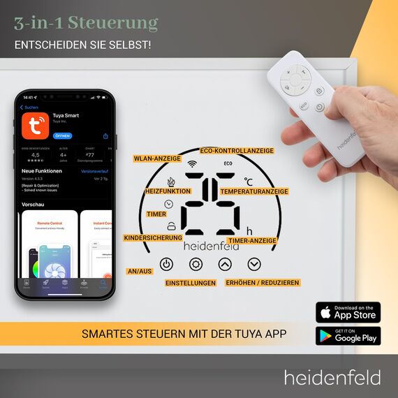 Heidenfeld Infrarotheizung HF-HP140 | 300 Watt bis 10 m² | 3in1 Steuerung via App | Fernbedienung | Touch-Bedienfeld | Mobile Elektroheizung | Infrarot Heizkörper mit Thermostat (HF-HP140 300 Watt)