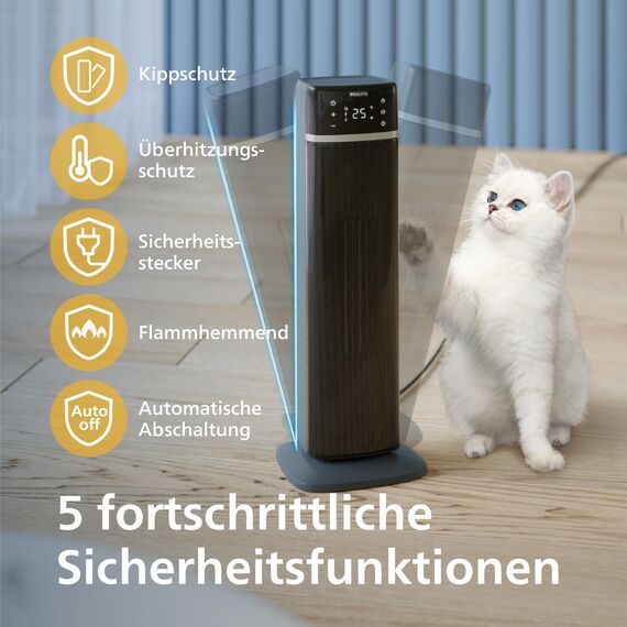 Philips 5000 Turmheizlüfter, 2000W, App-gesteuert, bis zu 50% Energieersparnis, Temp-Anzeige, 5 Sicherheitsfunktionen, 4 Modi, 60° Oszillation, leise, schwarz/grau (CX5120/11)