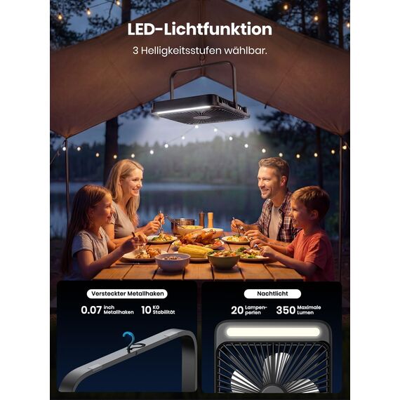 Warmco 20000mAh Akku Camping Ventilator 27cm mit Lampe, 15-48 Std. Laufzeit, Ultra-Leise, Ultraflach, Display, Haken, USB Tischventilator für Zelt, Outdoor, Reisen, Büro, Wohnmobil, Schlafzimmer