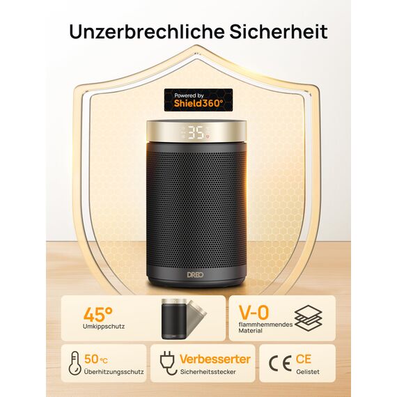 Dreo Energiesparender Heizlüfter, 1500W energiesparender leiser Raumheizer, tragbare Keramik-Fan-Heizer, Thermostat 3 Modi 12H Timer, Überhitzungs- und Kippschutz, für Schlafzimmer, Atom 316, Gold