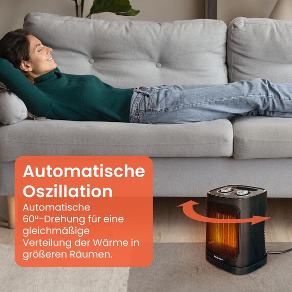Pro Breeze 1800W Mini Keramik Heizlüfter mit zwei Leistungsstufen, automatischer Oszillation & Kaltstufe für Bad, Wohnzimmer, Büro, Terrasse - Schwarz
