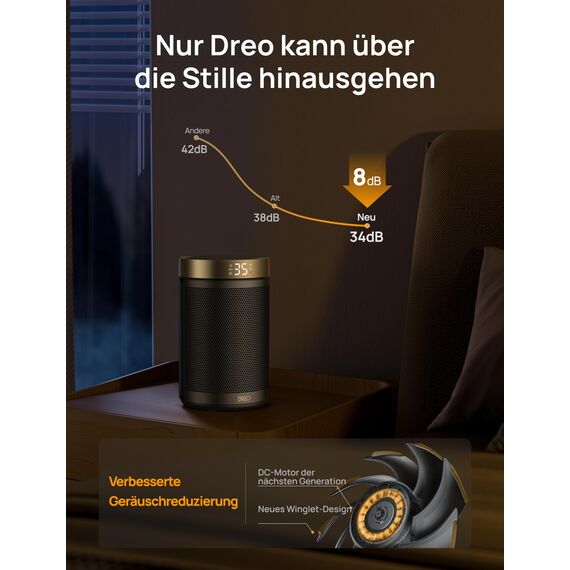 Dreo Energiesparender Heizlüfter, 34 dB Leiser 1500W Elektrischer PTC Keramik, Thermostat, Überhitzungs- & Kippschutz, 12 Std. Timer, Elektroheizung für Räume Schlafzimmer, Atom 316, Gold