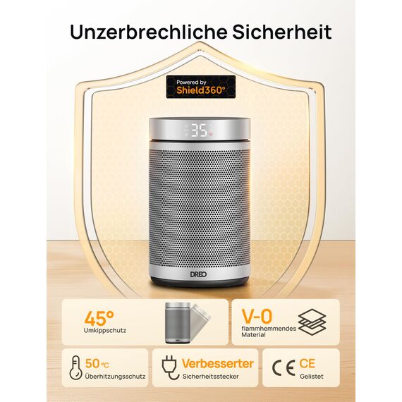Dreo Energiesparender Heizlüfter, 34 dB Leiser 1500W Elektrischer PTC Keramik, Thermostat, Überhitzungs- & Kippschutz, 12 Std. Timer, Elektroheizung für Räume Schlafzimmer, Atom 316, Silber